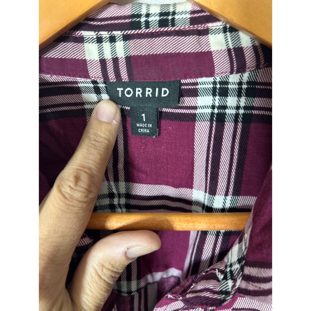 Torrid Button Up 1 1X Burgundy Plaid Lightweight - Picture 5 of 10